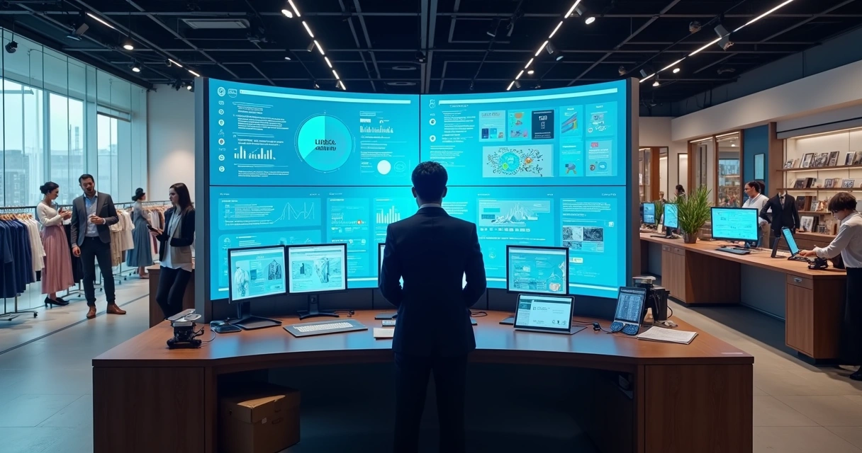Gestor analisando painel de vendas omnichannel com clientes comprando em loja e online 