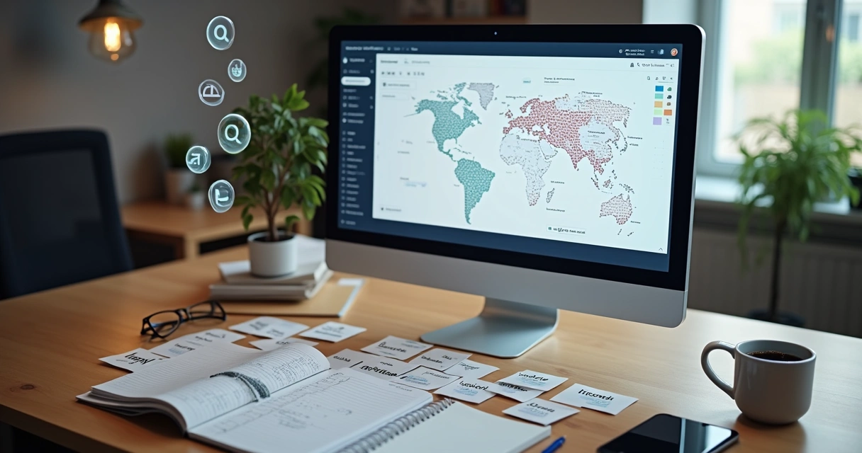 Termos-chave destacados sobre mesa com computador 
