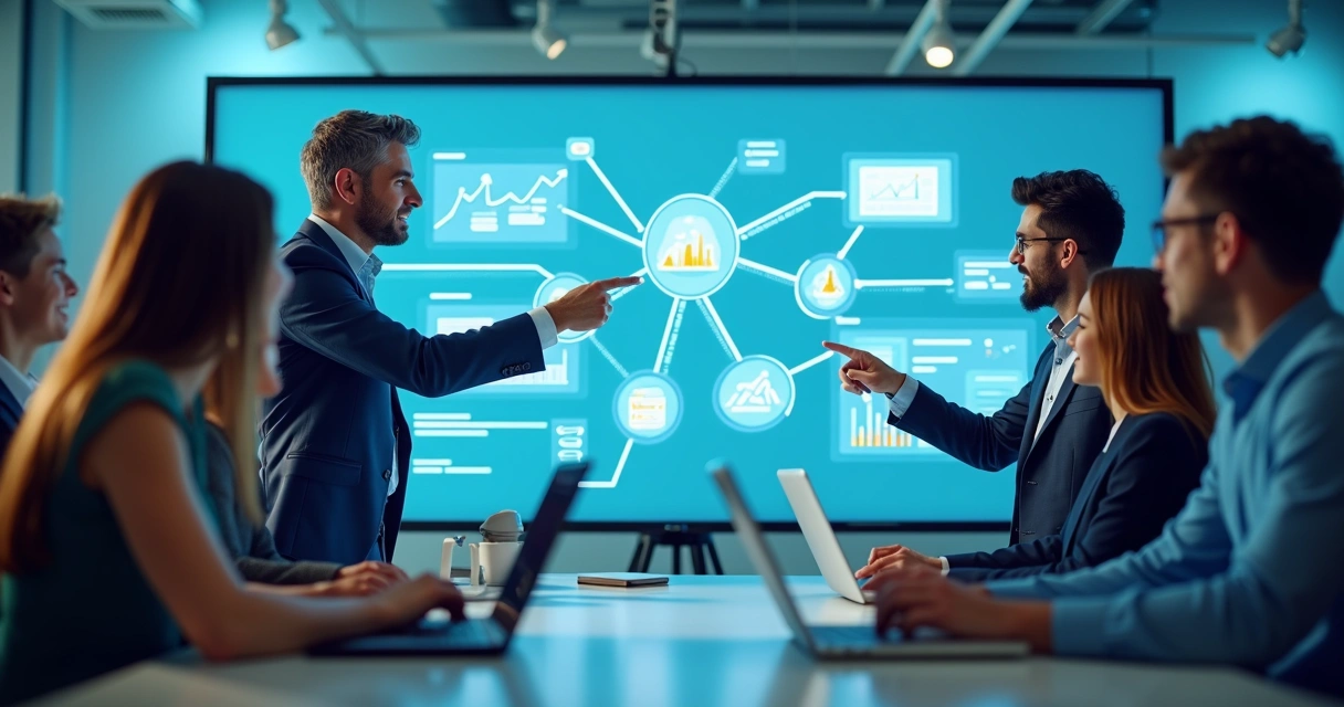 Equipe reunida trama estratégica de parcerias SaaS 