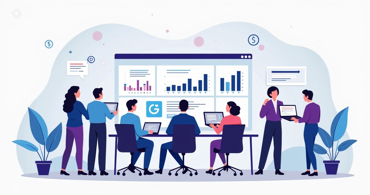 Grupos de parceiros SaaS em um escritório discutindo estratégia frente a gráficos em tela widescreen. Cores neutras predominantes com detalhes em azul e roxo. 