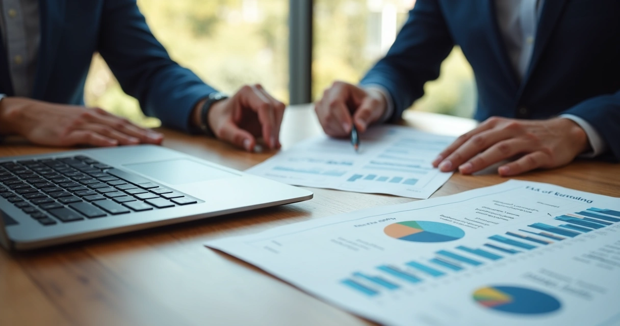 Mesa de reunião corporativa com documentos, laptop exibindo gráficos financeiros e duas mãos discutindo estratégia patrimonial 