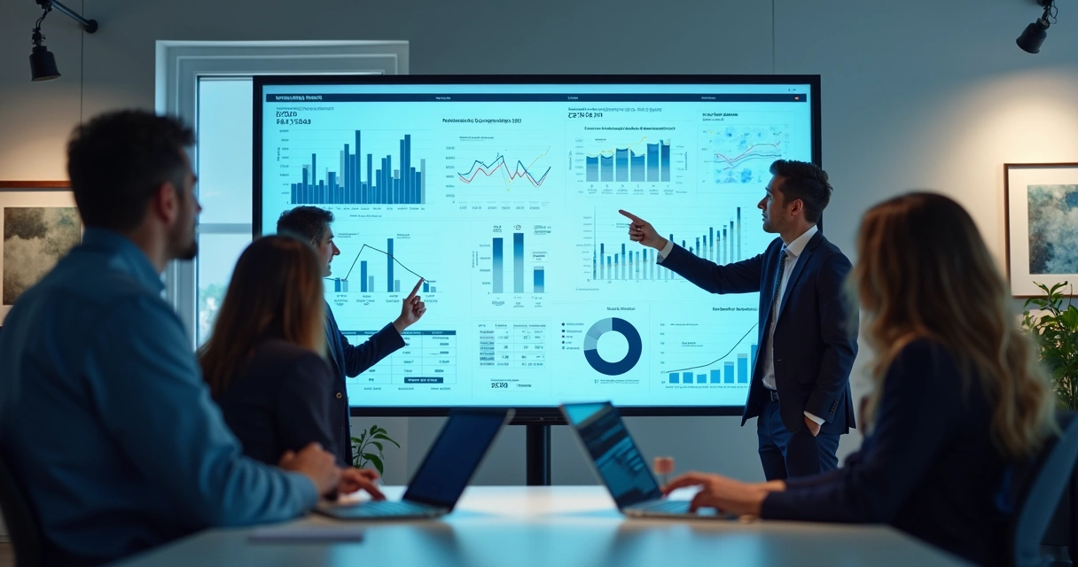 Equipe analisando estratégias na tela de computador, ambiente moderno e digital 