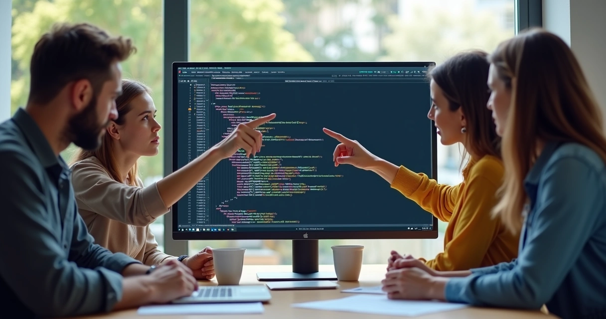 Equipe reunida discutindo estratégias de meta tags no computador 