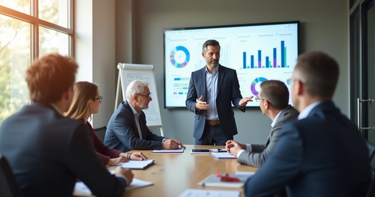 Profissional apresentando conteúdo de consultoria para um pequeno grupo, quadro com estratégias ao fundo 