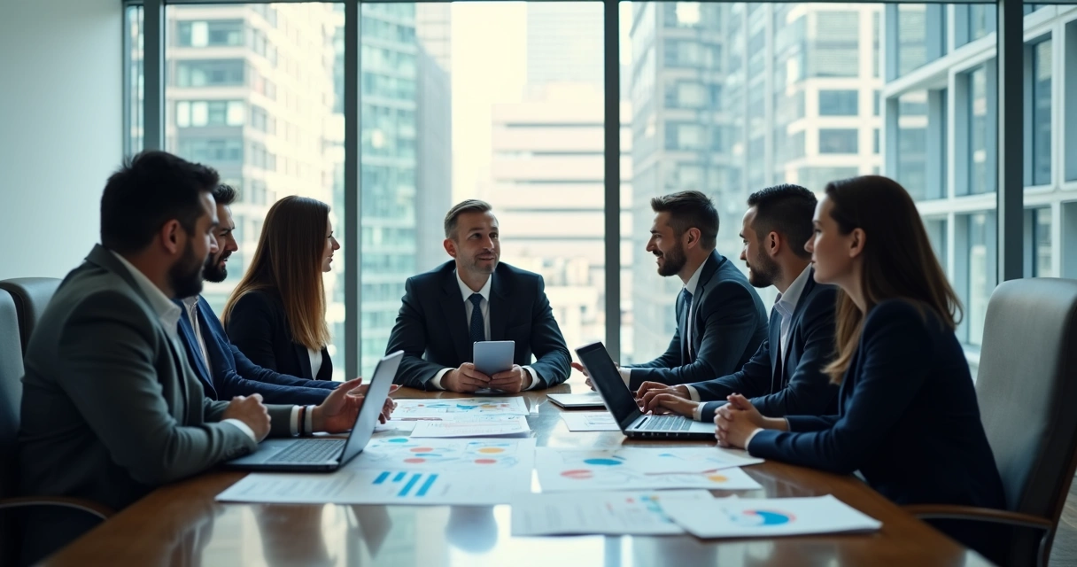 Equipe reunida em sala de reunião analisando estratégias de preços. 