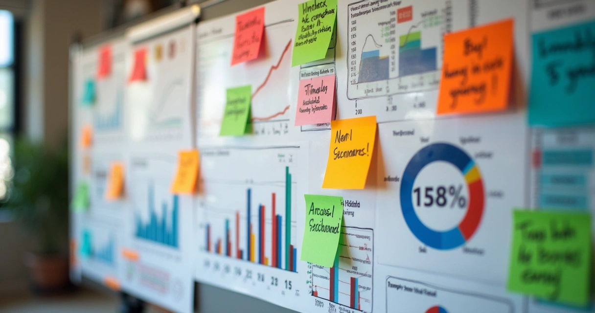 Quadro de estratégias de preço com gráficos coloridos e post-its