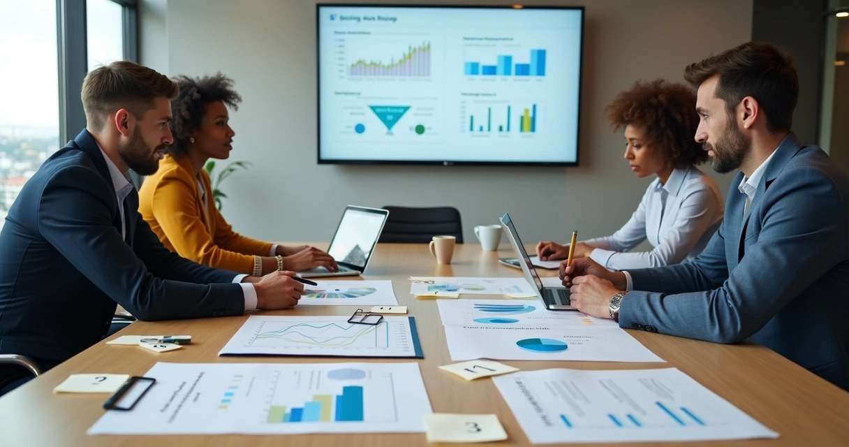 Equipe de negócios analisando estratégia de preços em reunião com gráficos na mesa 