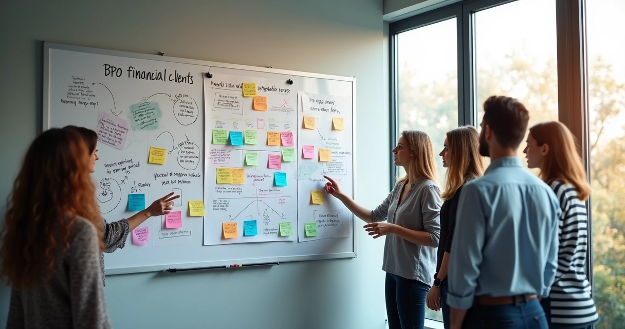 Quadro branco com anotações sobre estratégias de prospecção BPO 