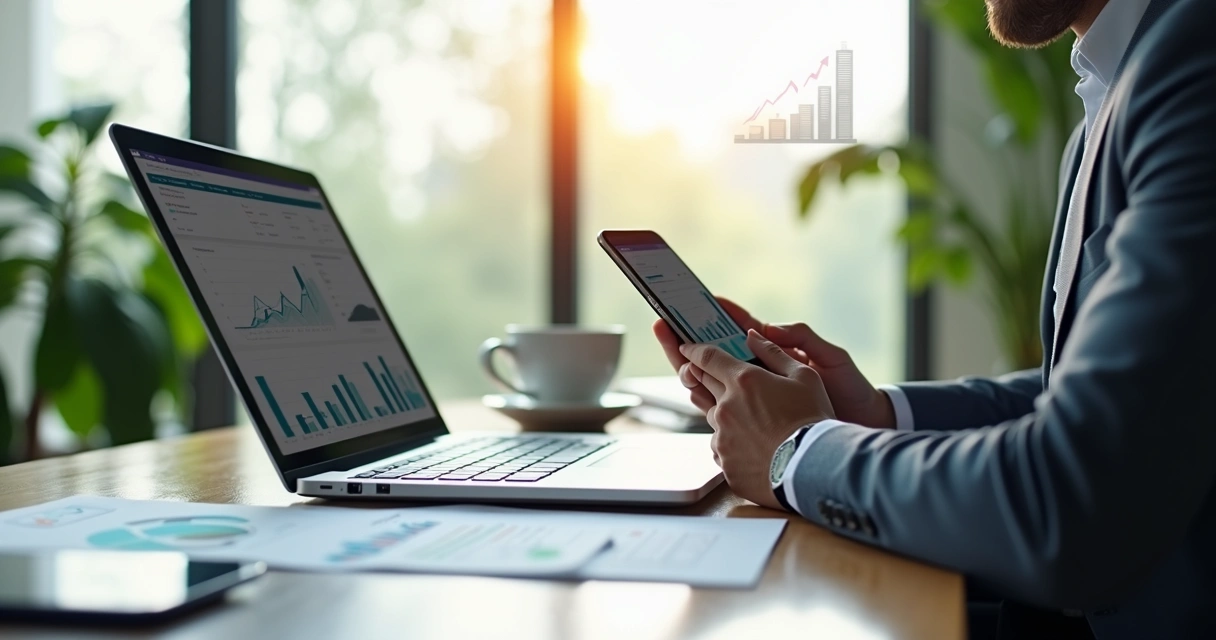 Profissional de negócios em ambiente moderno usando laptop e smartphone para prospectar clientes de alto valor 