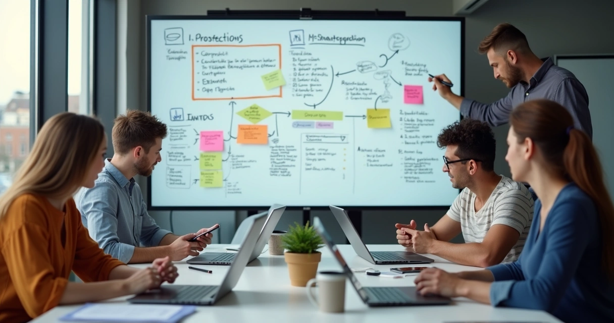 Equipes de vendas criando estratégias em quadro branco para prospecção B2B 