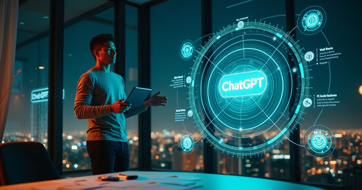 Profissional de marketing apontando para holograma com logotipo do ChatGPT e gráficos de crescimento 