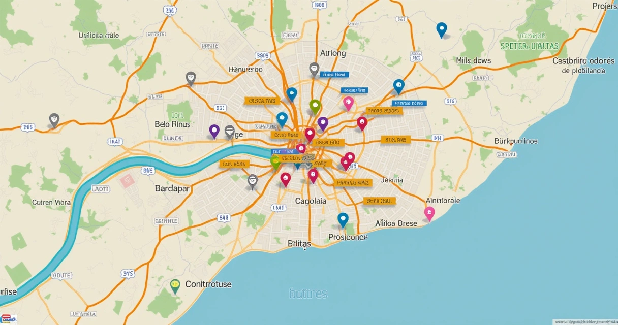 Mapa de Curitiba com bairros destacados 