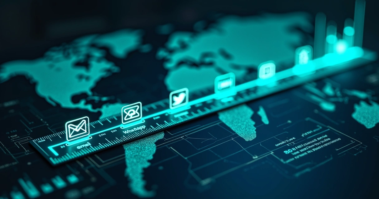 Representação de uma régua de relacionamento digital conectando ícones de e-mail, WhatsApp e SMS com gráficos de vendas e engajamento 