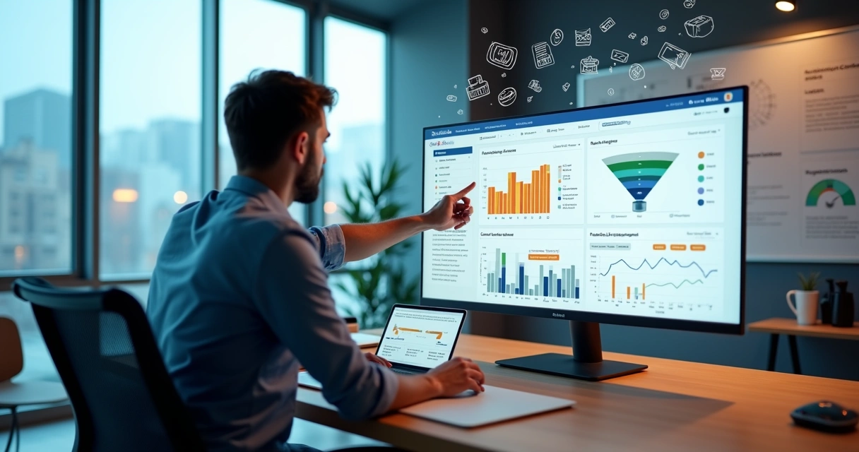 Dashboard de remarketing com profissional de marketing analisando funil e anúncios digitais 