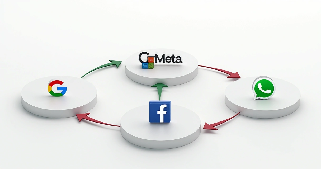 Diagrama com setas conectando Google, Meta e WhatsApp mostrando fluxo de remarketing 