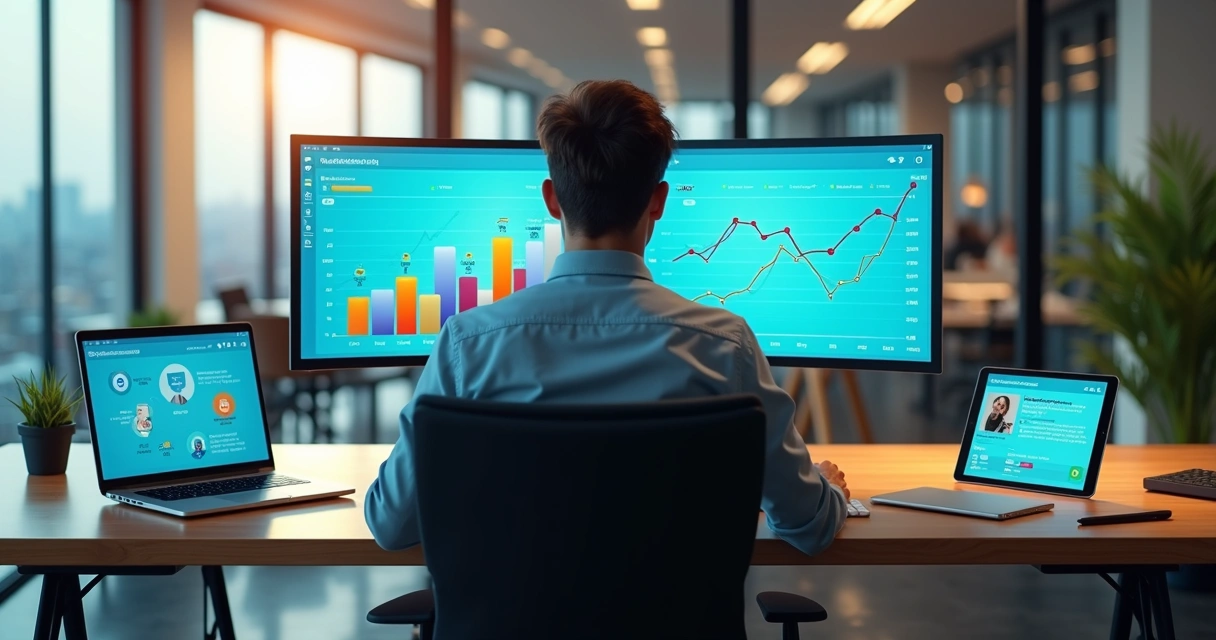 Profissional analisa painel de campanhas de remarketing em vários canais digitais 