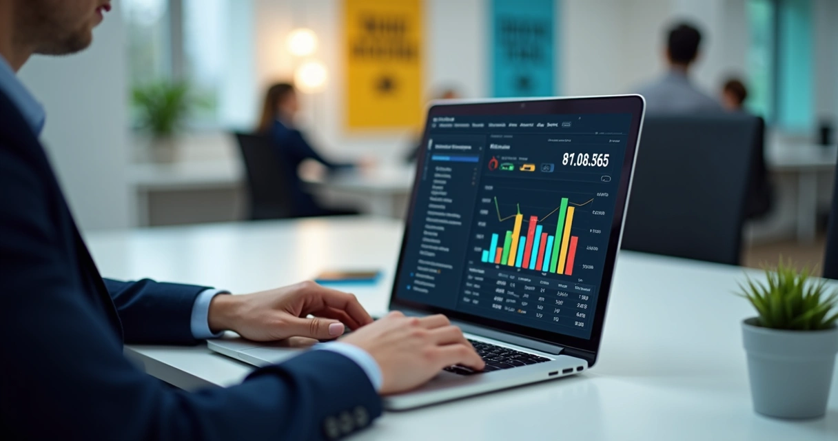 Profissional digitando resposta em laptop com análise de sentimentos na tela 