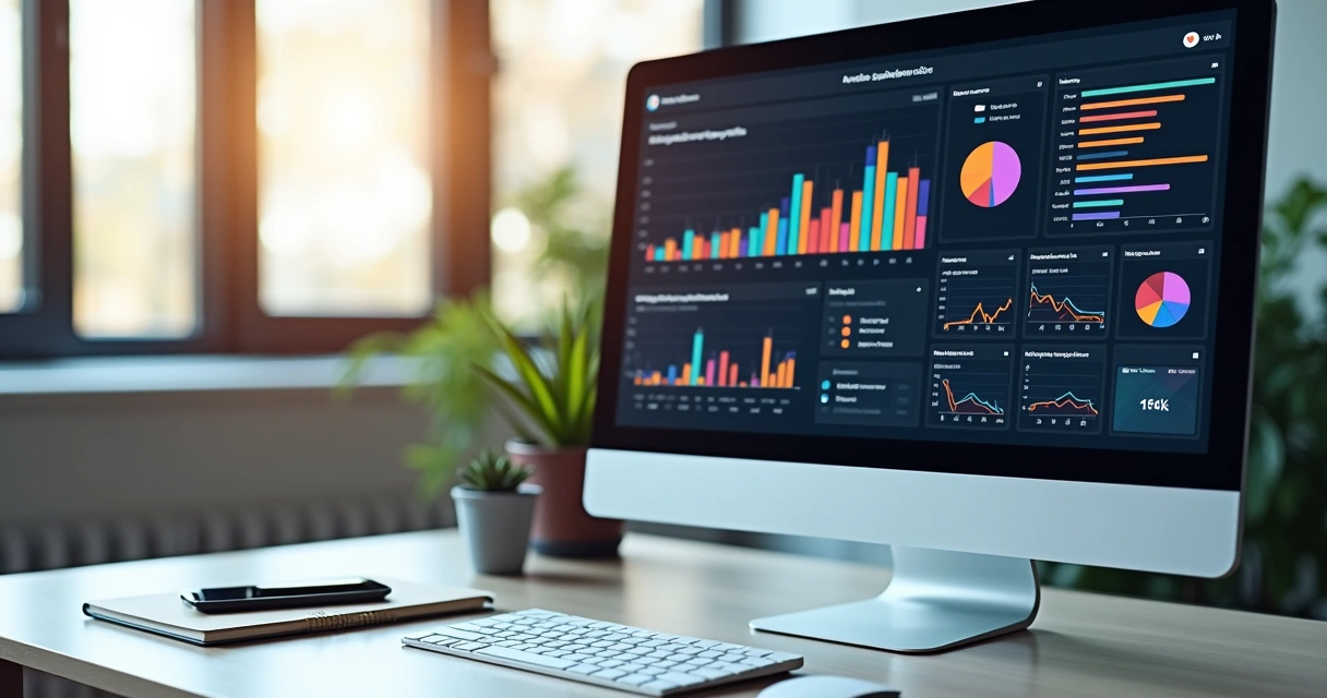 Tela de computador mostrando painel de campanha digital com gráficos e segmentação de retargeting 