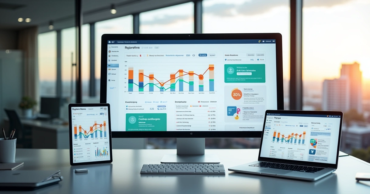 Painel com gráficos e anúncios digitais ilustrando estratégia de retargeting 
