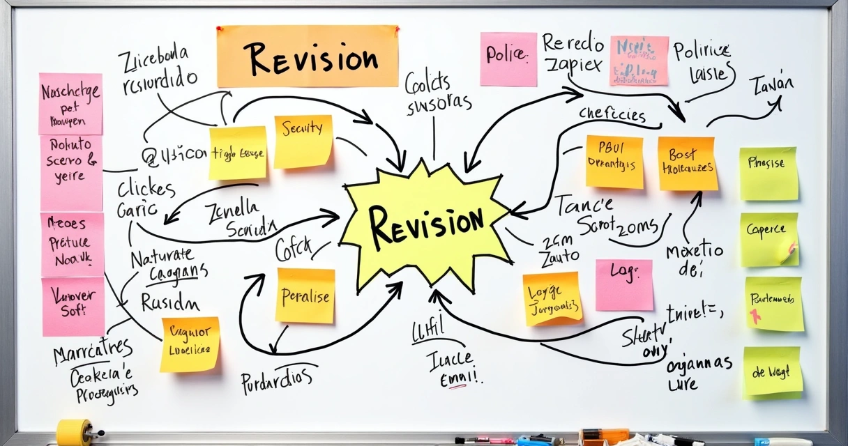 Quadro branco com ciclo de revisões e mapas mentais para concurso