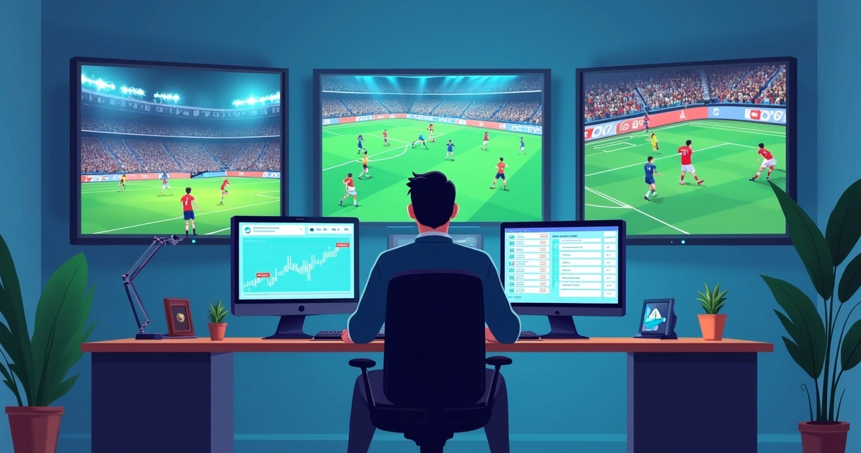 Trader esportivo monitorando odds e lances em múltiplos monitores. 