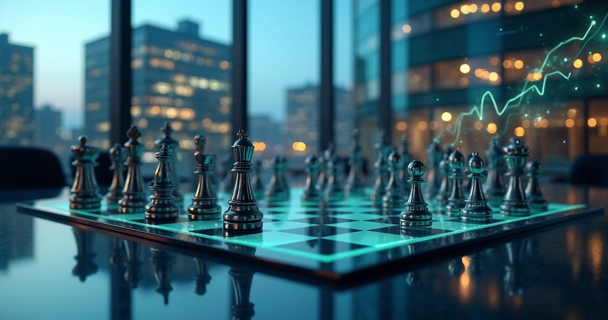 Tabuleiro de xadrez sobreposto a um prédio corporativo com dados digitais ao fundo 