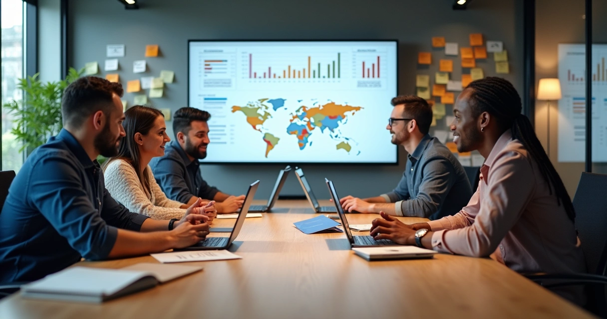 Equipe reunida diante de notebooks analisando estratégias digitais