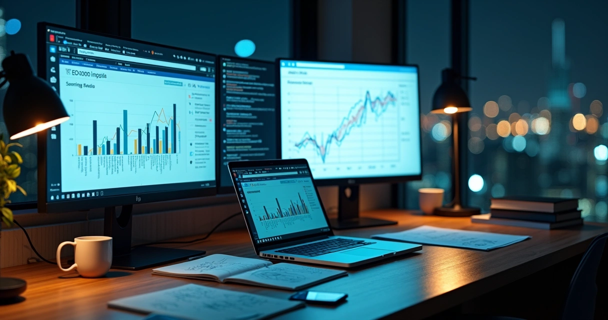 Mesa de trabalho com computador exibindo painel de SEO e gráficos de crescimento 