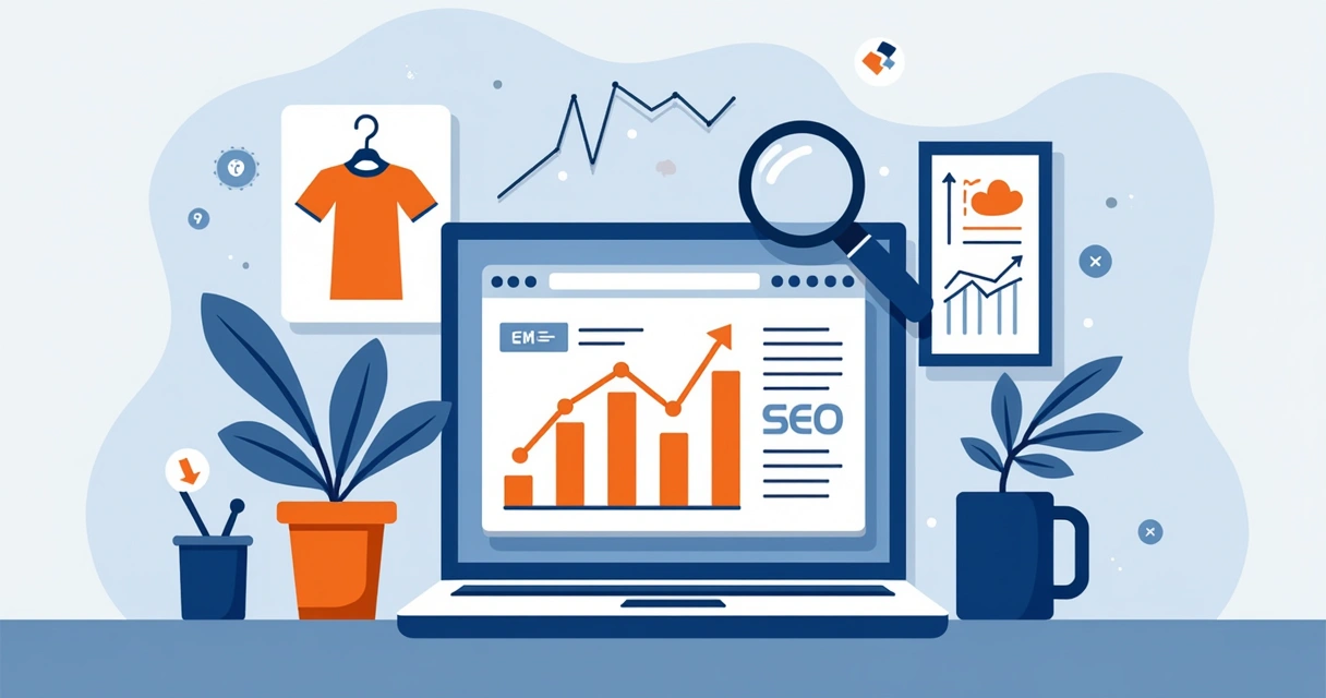 Ilustração corporativa plana mostrando estratégia de SEO para loja de print on demand com gráficos, laptops e produtos personalizados 