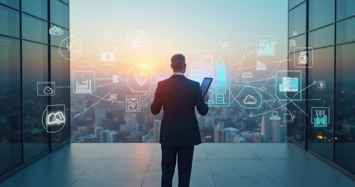 Gestor observando horizonte urbano digitalizado com icones de software cloud 