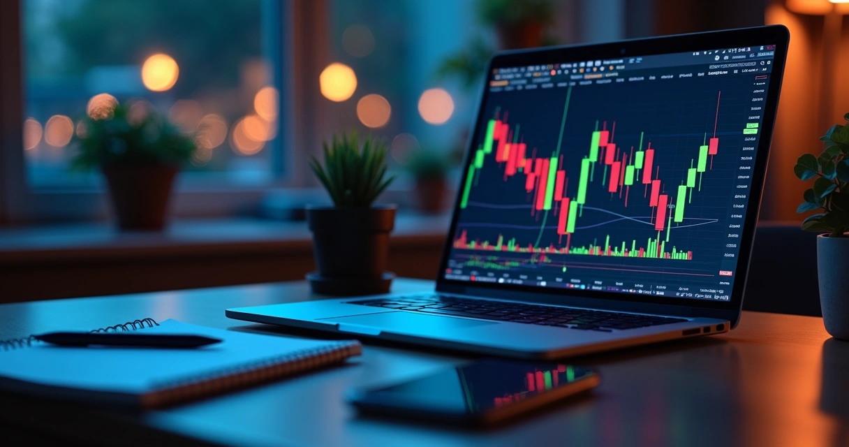 Tela de computador com gráfico de ações e caderno com anotações de trade 