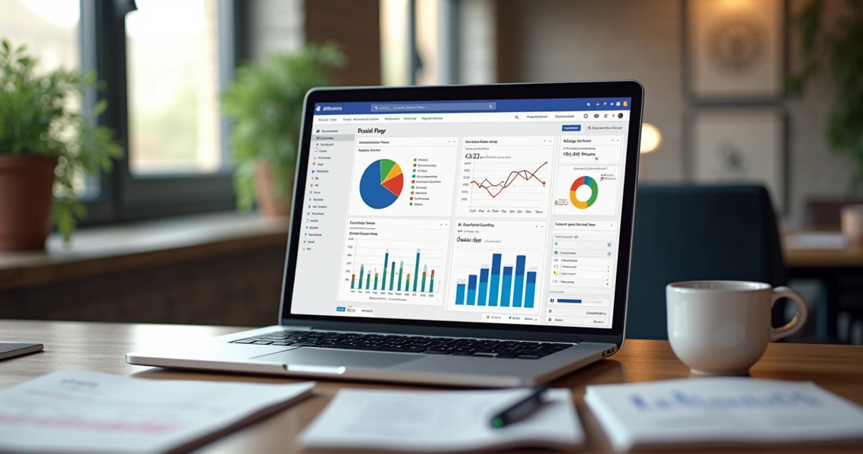 Laptop mostrando gráficos de tráfego pago com telas de Facebook Ads e Google Ads abertas 