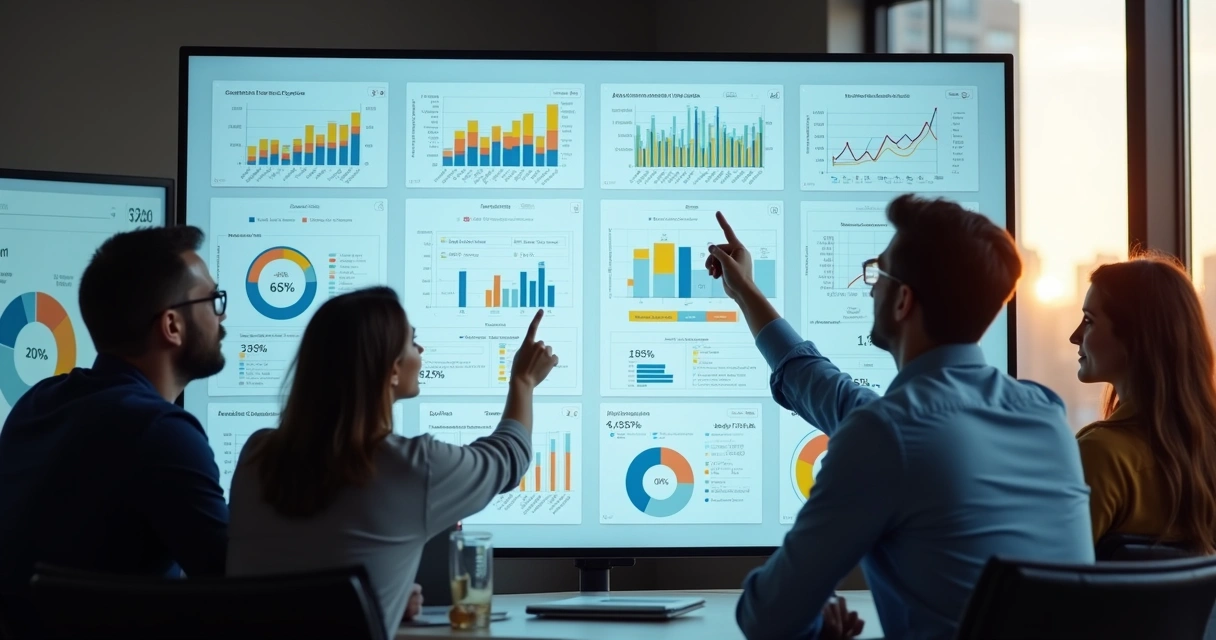 Equipe analisando gráficos e campanhas digitais na tela 