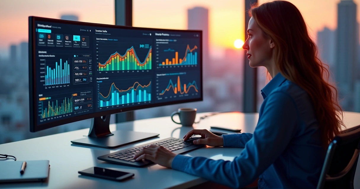 Profissional analisa painel com gráficos de campanhas de tráfego pago 