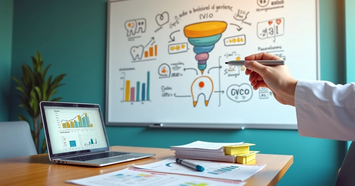 Quadro branco com funil de marketing odontológico desenhado com dados e ícones de tráfego pago 