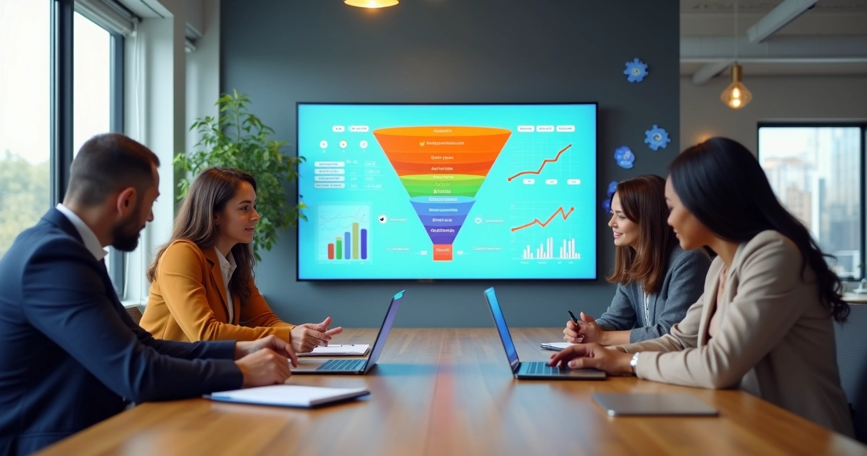 Equipe analisando funil de vendas digital em painel com gráficos e métricas 