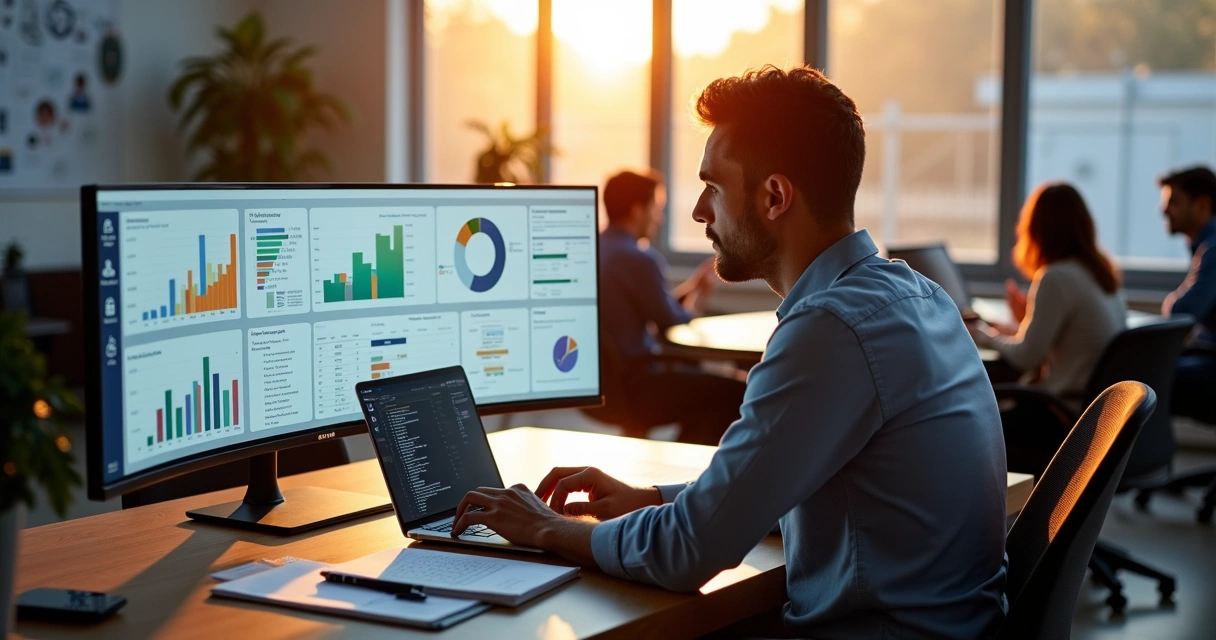 Executivo analisando painel de vendas e gestão em escritório moderno 