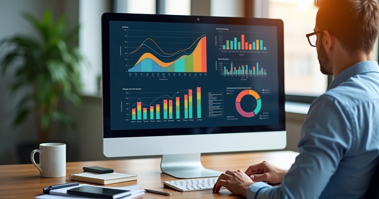 Profissional revisando gráficos de vendas em computador moderno com gráficos de desempenho e dados 