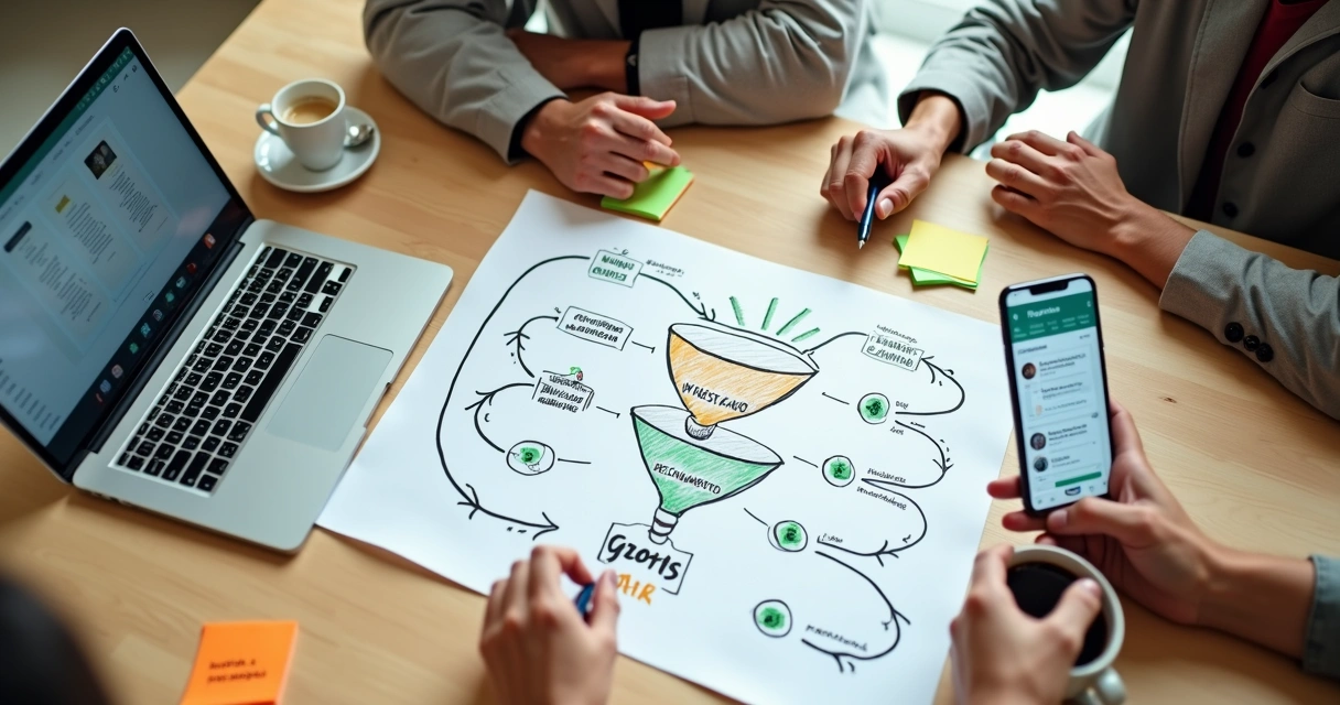 Equipe de marketing desenhando funil de vendas do WhatsApp em mesa de trabalho 