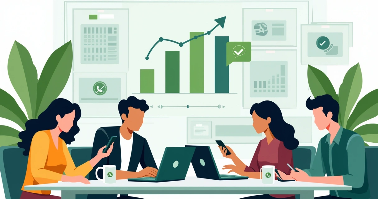 Equipe de vendas usando WhatsApp Business em notebooks e smartphones 