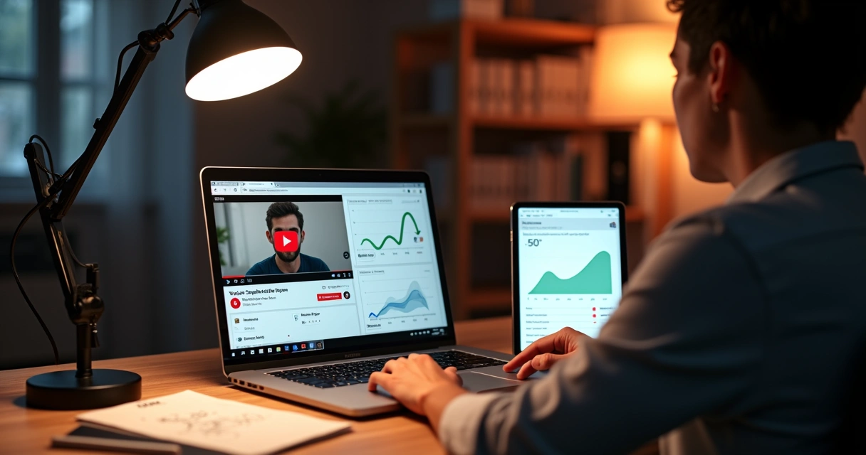 Empresário analisando funil de leads ao lado de tela com YouTube aberto 