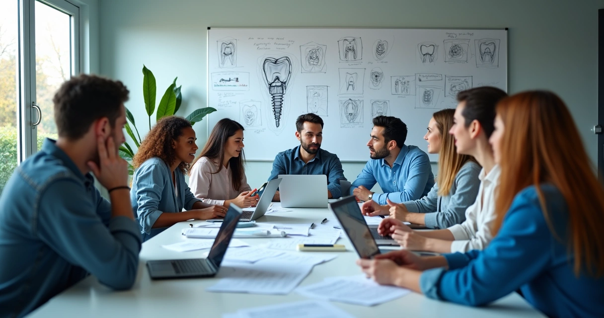 Equipe de marketing digital montando estratégia de anúncios para clínica odontológica. 