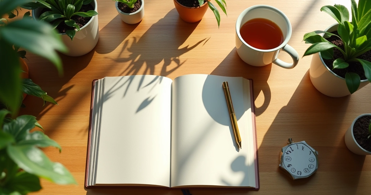 Mesa con cuaderno, taza de té y plantas, ambiente tranquilo 