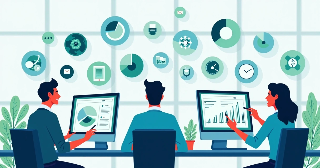 Equipe contábil analisando métricas com automação digital e dashboards na tela 