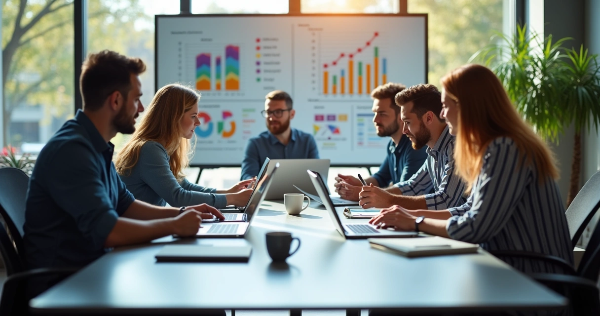 Equipe de gestores educacionais discutindo estratégias inovadoras para captação de alunos em sala moderna 