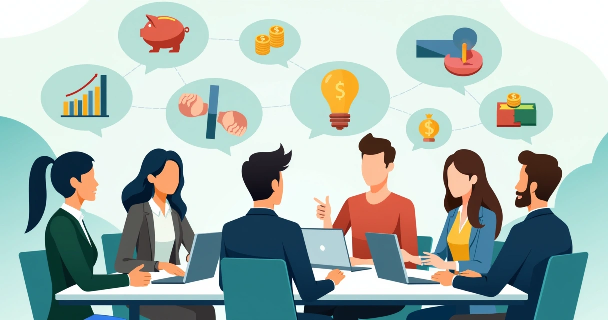Ilustração corporativa de profissionais discutindo estratégias de captação de recursos com gráficos e ícones financeiros ao fundo 