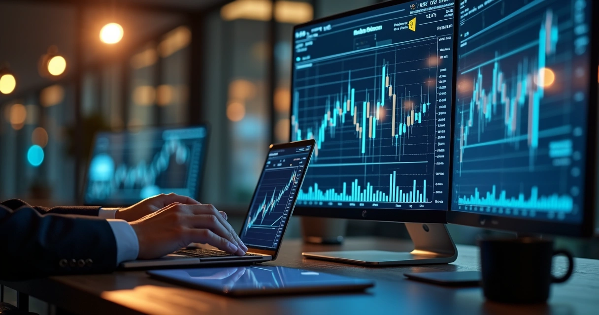 Profissional em escritório moderno analisando gráficos financeiros em tela de computador 