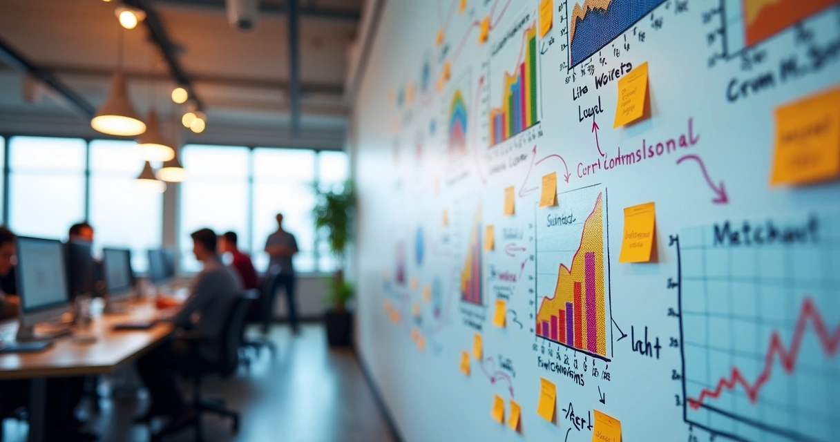 Quadro branco com estratégias de comissão desenhadas com canetas coloridas 