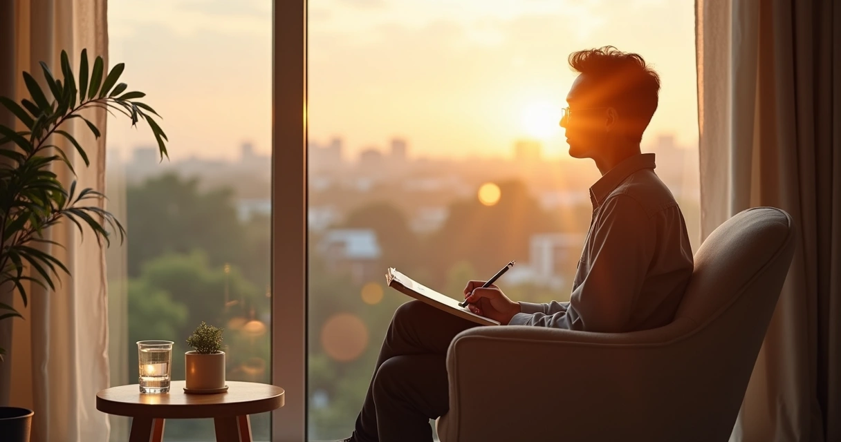Pessoa em momento de reflexão serena diante da janela ao amanhecer 