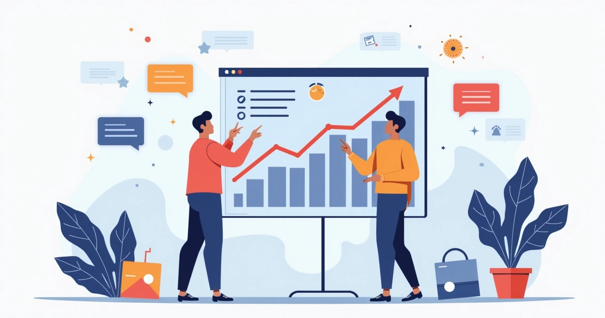 Equipe analisando gráficos de crescimento com ícones de e-commerce ao fundo